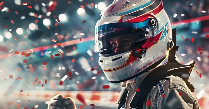 Race car driver formula one f1 celebrating in the grandstand with their helmet on, surrounded by confetti and lights