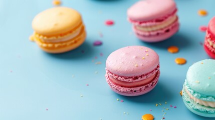 Colorful macaron cakes on a blue paper backdrop