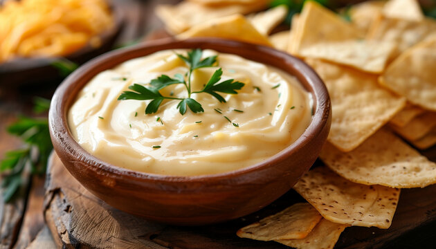 Wooden bowl filled with creamy queso dip is garnished with parsley, served alongside crispy tortilla chips perfect for national queso day celebrations or appetizing snacks