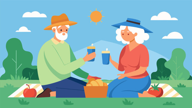 An older couple on a picnic both wearing smart hats that monitor UV exposure and provide reminders to reapply sunscreen.. Vector illustration