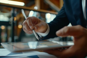 A businessman in a suit with a tablet talking to customers and a meeting with a woman in the morning is a successful business idea. The businesswoman is making a sales pitch.