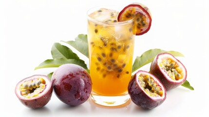 Fototapeta premium Clear glass of passion fruit iced tea with whole and sliced passion fruits, isolated on a pristine white background