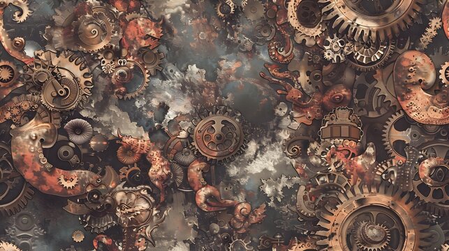 Intricate Steampunk Fusion of Brass Copper and Clockwork Mythical Dragon in Moody Factory Ruins