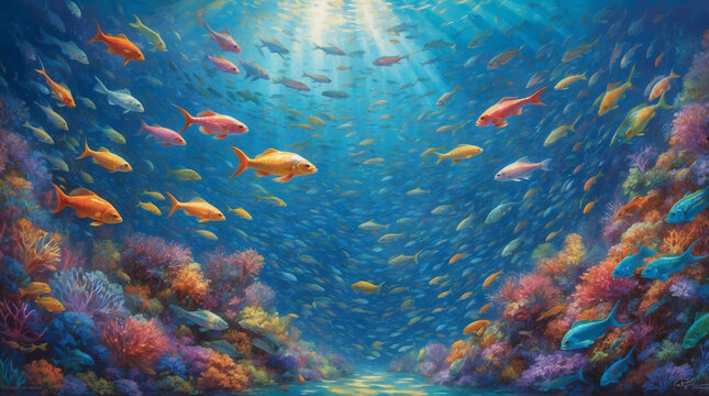 Depths of the ocean swims a school of shimmering fishes