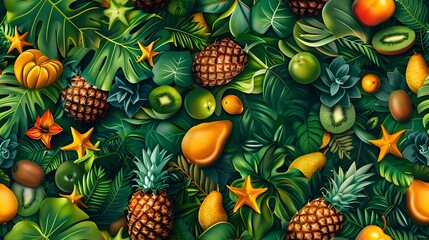 Fototapeta premium Lush Tropical Foliage Surrounding a Bountiful Assortment of Vibrant Fruits