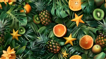 Obraz premium Lush Tropical Foliage Surrounding a Bounty of Vibrant Fruits in a Cinematic Surreal Composition