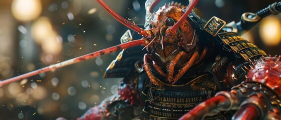 A closeup charismatic half body of a lobster in a samurai armor, training with a holographic sword, in a dojo with a blurry background, Sharpen banner with copy space