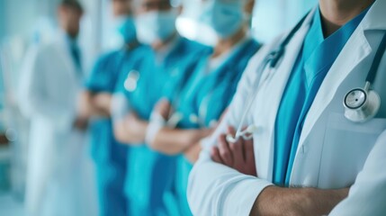 Team of healthcare professionals in hospital setting. Medical teamwork and collaboration concept. Design for medical brochures, healthcare posters, and team training materials.