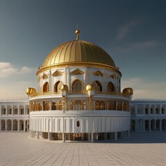 A white and gold building with a gold dome, a digital rendering by Kamal ud-Dīn Behzād