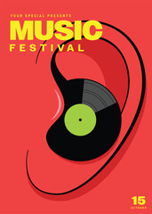 Music festival poster template design background with retro vinyl record