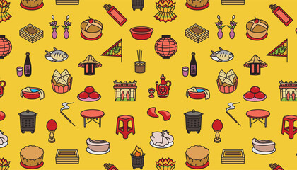 Seamless pattern of Ghost Festival elements  on  yellow background.	