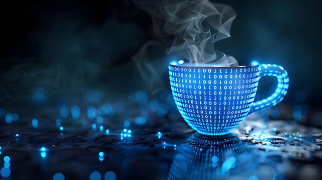 Hot Coffee Cup Technology Binary Code Digital Blue Copy-Space