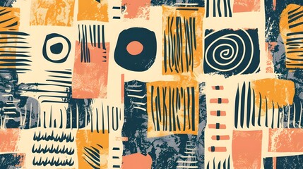 Obraz premium Minimal Bohemian Style Free Shape Seamless Pattern with Grungy Tribal Motifs and Line Prints