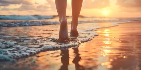 Woman's feet walking on the beach at sunset, with a beautiful natural landscape background