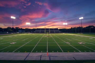 Football stadium at dusk, with bright stadium lights and a green field