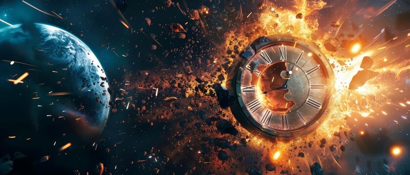 Exploding clock in space with planetary debris and cosmic energy, closeup
