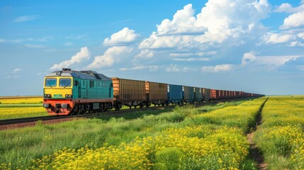 Fototapeta premium Freight trains offer an ecofriendly and costeffective solution for transporting large quantities of goods over long distances