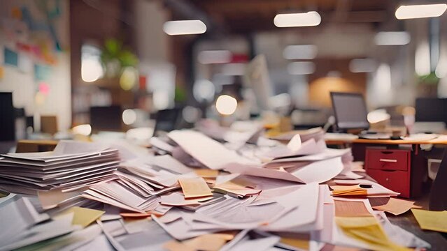 Cluttered Office Desk with Paperwork with Ai generated.


