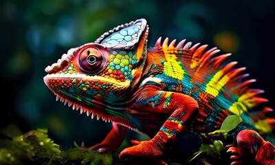 Obraz premium Chameleon displaying vivid colors positioned on gnarled tree branch camouflage effect, Ai Generated