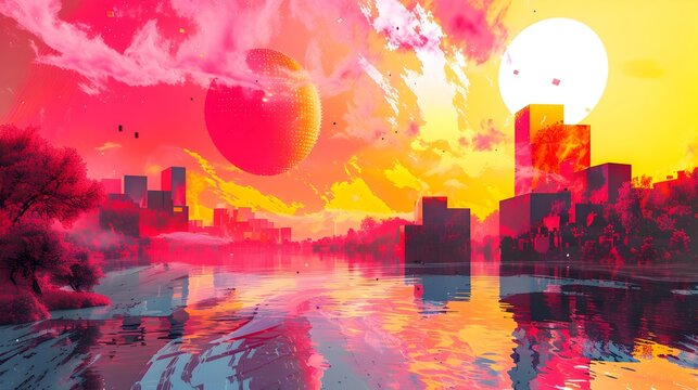 Vibrant Gradient Dreamscape Geometric Formations Billowing Clouds and Tranquil Lakeside Reflections