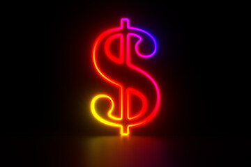 neon symbol dollar on dark background. 3d illustration