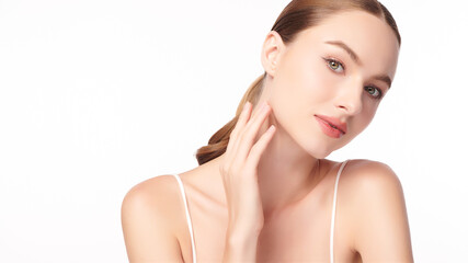 Beautiful young woman with clean fresh skin on white background, Face care, Facial treatment, Cosmetology, beauty and spa, women portrait.