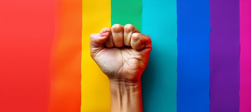 Fist hand with colorful rainbow wall background. LGBT pride gay lesbian gender equality movement symbol. Generative AI technology.