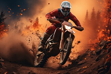 Thrilling Motocross Ride Through Forest at Sunset