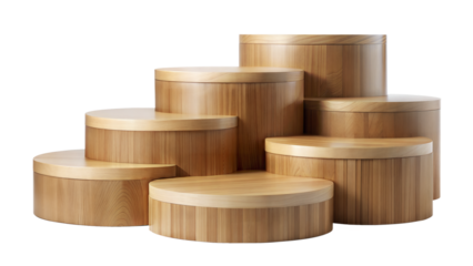 Stacked Wooden Podium Set: A set of stacked wooden podiums of varying heights, offering versatile display options for multiple products, isolated on a white background.
