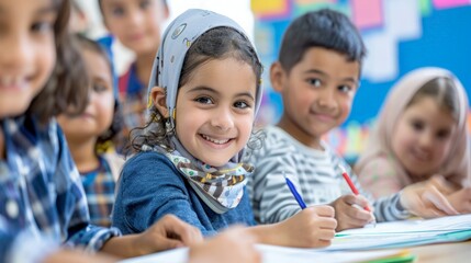 Diverse Classroom of Smiling Children Engaged in Group Learning Project with Teacher Assistance