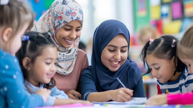 Joyful Multicultural Classroom: Inclusive Learning Environment with Diverse Children Working on Group Project under Teacher's Supervision