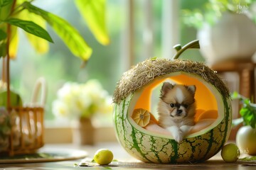 creative cute puppy house in melon shape, there is a lovely puppy inside, home background, rich details, super high quality, 16K