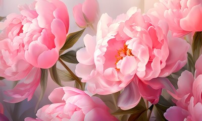 Naklejka premium Peonies clustered at the center bright smooth pink petals with subtle gradients a delicate background, Ai Generated 