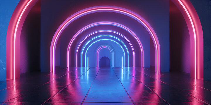 Futuristic scifi illuminated neon glowing tunne, A tunnel with neon lights and a long walkway with a long line of lights on the side of the tunnel.
