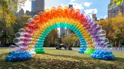 Rainbow balloon arch in a park with people walking by.