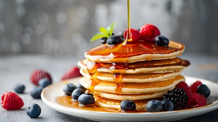 Inviting Stack of Delectable Pancakes with Fresh Berries and Maple Syrup Topping