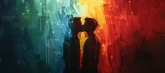 Fototapeta premium Gay couple kissing romance on colorful paint background. LGBT pride gender equality. Generative AI technology.