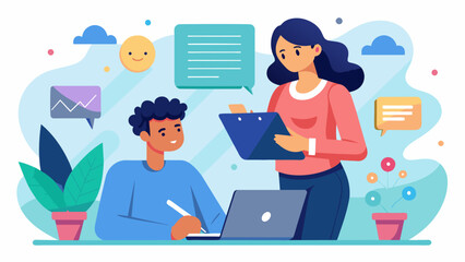 A young professional eagerly takes notes as her digital wellness coach shares tips for managing technology overwhelm and avoiding burnout.. Vector illustration