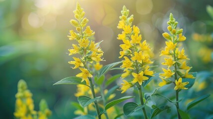 Yellow Loosestrife Flowers Blooming on a Blurred Floral Background with Room for Text Lysimachia punctata
