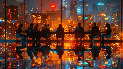 Obraz premium A corporate boardroom scene with executives discussing financial strategies against a backdrop of city skyline