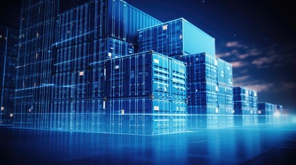 Modern accounting and warehousing of containers in large storage areas. Digital neon illumination of storage bins, their numbers and names of packaged goods with delivery addresses.