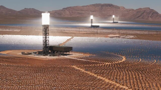 Aerial view of Ivanpah concentrated solar thermal plant in the Mojave Desert