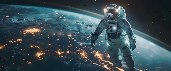 Fototapeta premium Astronaut in space suit floating over earth planet with glowing lights on helmet, astronaut is flying around the Earth