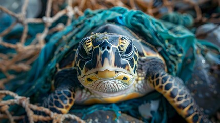 Obraz premium Turtle's Plea: A Life Entangled in Plastic Waste