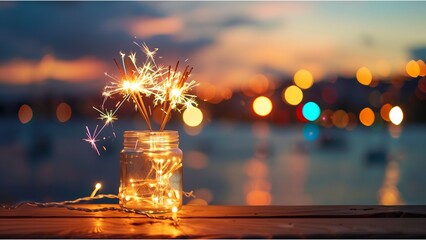 a clear glass jar on a wooden surface with several lit sparklers bursting out from the top, creating a bright and festive display of sparks - Powered by Adobe