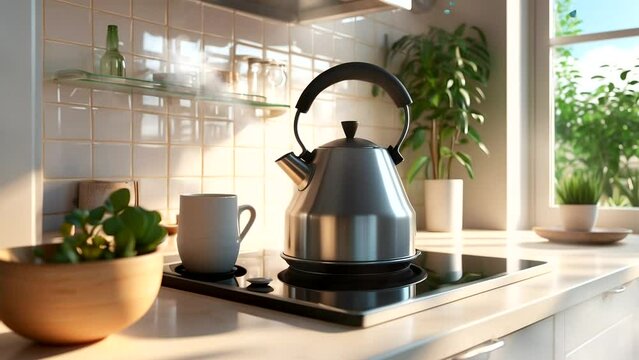 a kettle of boiling water in the kitchen