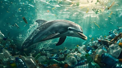 Fototapeta premium Dolphin Perseveres Amidst Plastic Waste: A Call for Ocean Conservation