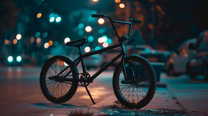 A BMX style bicycle is parked on a city street at night. A bike parked in an urban area, low light, silhouette