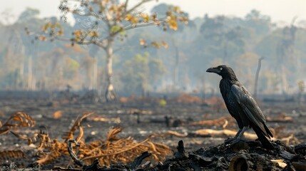 Bird Seeking Solace: A Scorched Tree's Sole Haven in a Deforested Landscape