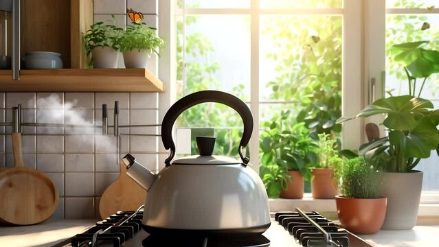 a kettle of boiling water in the kitchen